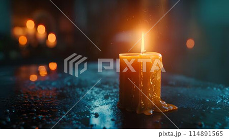 Candle burning on table in dark room. The evening lighting illuminates the candle flame. A heartwarming, peaceful and romantic concept background with copy space area. Bright orange light from the lit 114891565