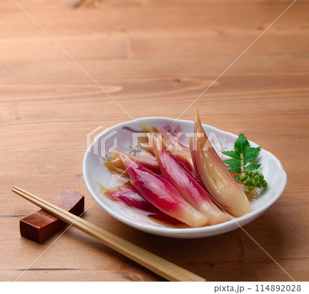 さっぱりして美味しい！みょうがの甘酢漬け（木目背景） 114892028