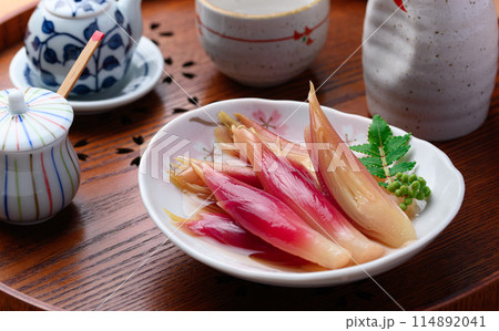 さっぱりして美味しい！みょうがの甘酢漬け（木目背景） 114892041