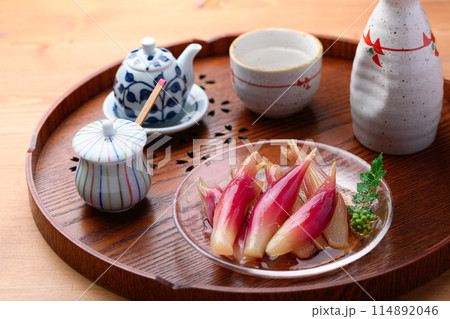 さっぱりして美味しい！みょうがの甘酢漬け（木目背景） 114892046