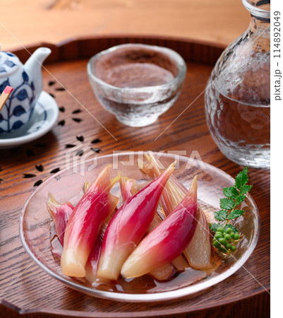 さっぱりして美味しい！みょうがの甘酢漬け（木目背景） 114892049