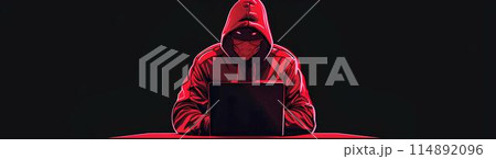 A hacker in a red hoodie sitting at a table with laptops in the style of cyberpunk style with a dark color palette. There is a lock on top of the laptop screen, symbolizing security danger. 114892096