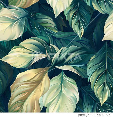Stylish Green Leaves with Gold Veins Against a Dark Background 114892097