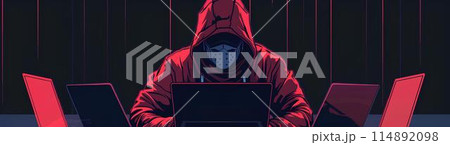 A hacker in a red hoodie sitting at a table with laptops in the style of cyberpunk style with a dark color palette. There is a lock on top of the laptop screen, symbolizing security danger. A hacker in a red hoodie sitting at a table with laptops in the style of cyberpunk style with a dark color palette. There is a lock on top of the laptop screen, symbolizing security danger. 114892098