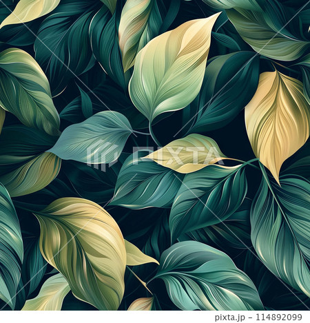 Lush Green Leaves Enhanced with Golden Outlines and Veins on a Dark Background Lush Green Leaves Enhanced with Golden Outlines and Veins on a Dark Background 114892099