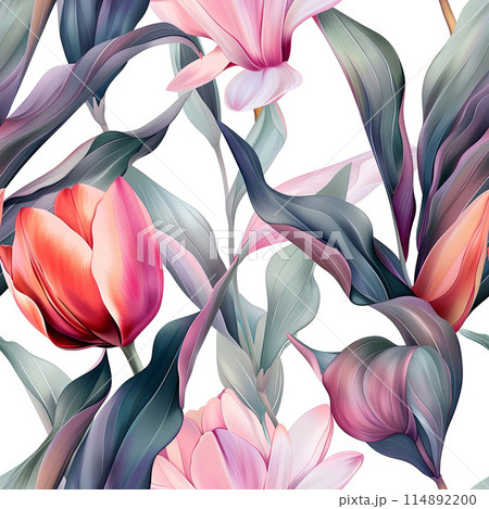 A Macro Shot of a Pink Flower Bud and Verdant Leaves on a Soft White Canvas 114892200