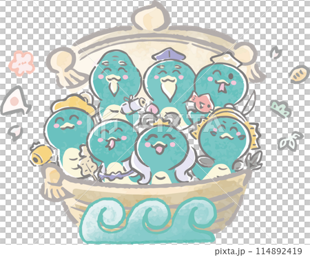 新年賀卡賀年片2025七福神寶船蛇年蛇手繪水彩可愛新年插畫素材 114892419