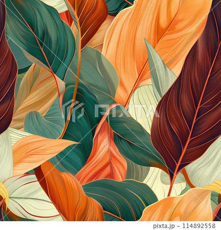 Lush Green Leaves with Vibrant Orange and Yellow Accents 114892558