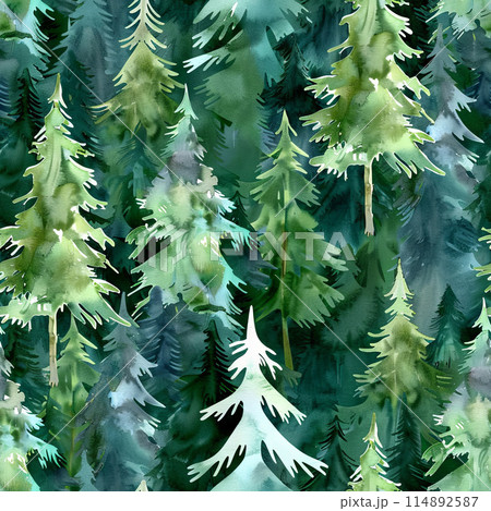 A Scenic Watercolor Depiction of a Pine Forest 114892587