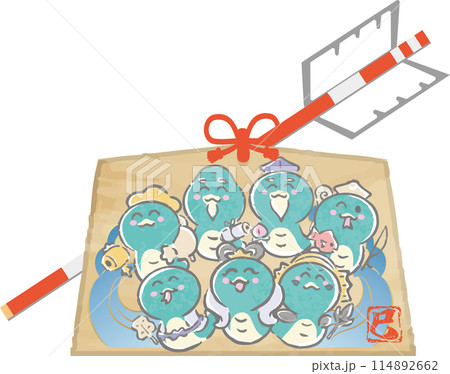 七福神子供と馬の日本画 開運 金彩手描きイラスト日本伝統工芸品