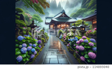 梅雨の季節の静寂な日本の神社 114893040