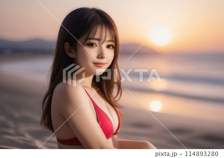 日が沈む頃、夏のバカンスを水着姿で楽しむ女性【AI生成画像】 114893280