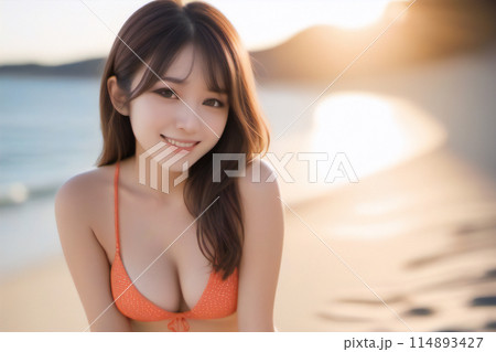 日が沈む頃、夏のバカンスを水着姿で楽しむ女性【AI生成画像】 114893427