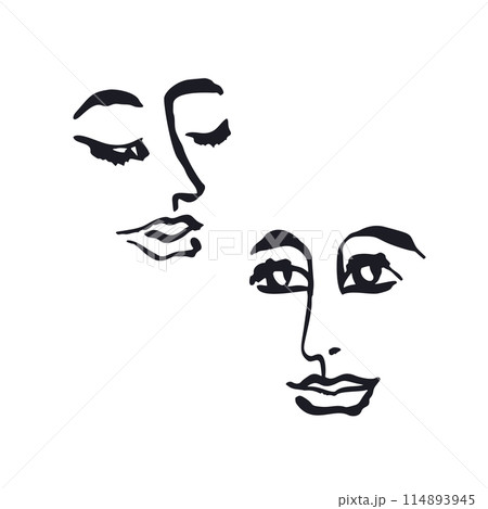 One single line ink drawing of abstract female face isolated on white 114893945