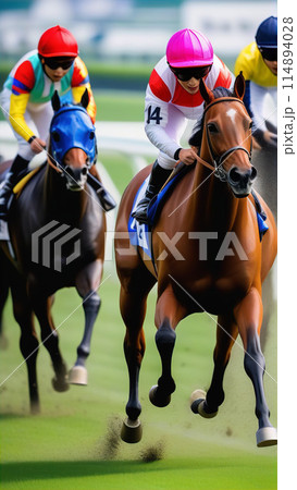 競馬場で走る馬たち【AI生成画像】 114894028