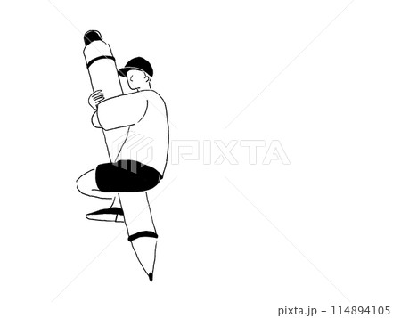 大きいペンに抱きつく男性、線画 114894105