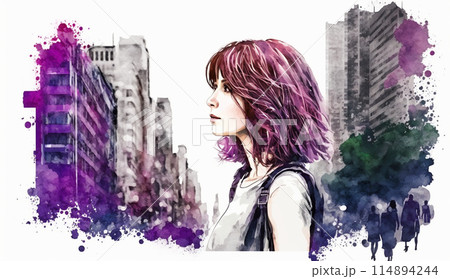 自分探しの旅に出ている若い女性：水彩画