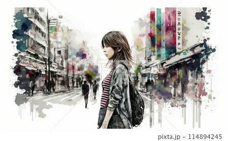 自分探しの旅に出ている若い女性：水彩画