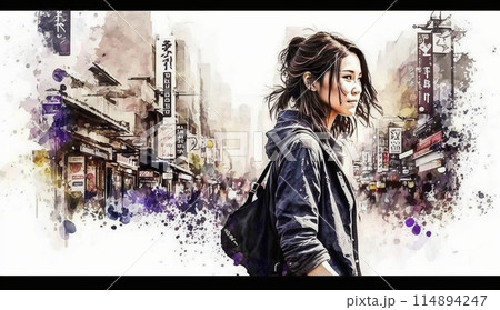 自分探しの旅に出ている若い女性：水彩画