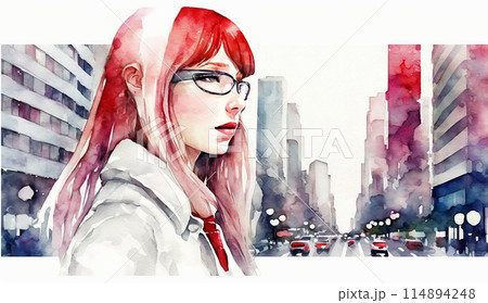 自分探しの旅に出ている若い女性：水彩画