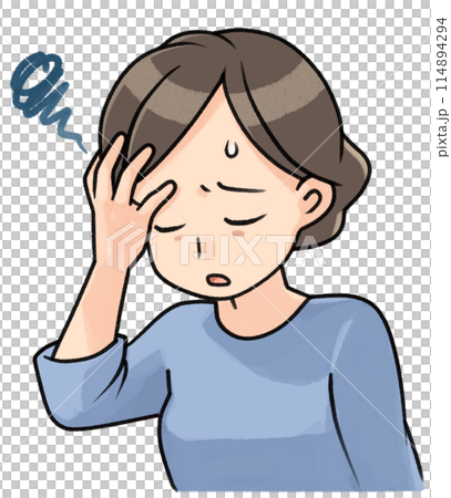 A woman grimacing with her hand on her forehead 114894294