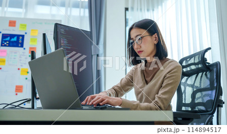 Asian prompt engineer develop coding app with software data sitting in front of computer monitor at office Asian prompt engineer develop coding app with software data sitting in front of computer monitor at office 114894517