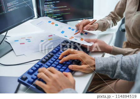 asian and Indian Developer team discussion feedback analysis coding data with software computer at office asian and Indian Developer team discussion feedback analysis coding data with software computer at office 114894519