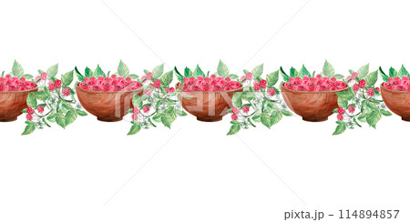 Seamless border on a colored background of flowers, leaves, raspberries watercolor illustration on a white background. Hand-drawn for cookbooks, dessert recipes and country food. 114894857