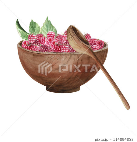 Wooden brown plate with raspberries watercolor illustration on a white background. Hand painted wood cookware, kitchen illustrations of dessert recipes and rustic natural foods. Wooden brown plate with raspberries watercolor illustration on a white background. Hand painted wood cookware, kitchen illustrations of dessert recipes and rustic natural foods. 114894858