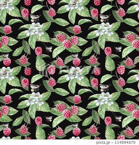 Seamless pattern on a colored background of flowers, leaves, raspberries watercolor illustration on a white background. Hand-drawn flowers for printing on fabric, gift wrapping, for cookbooks, recipes 114894870