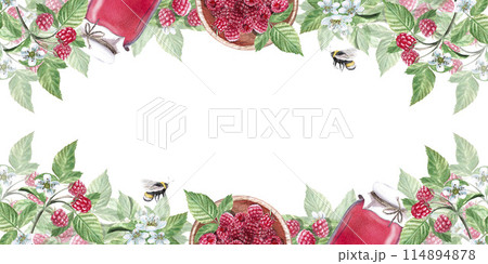 Rectangular frame of branches, leaves, raspberries in watercolor illustration on a white background. Hand drawn raspberry flowers and leaves for cookbooks, dessert recipes and country food. Rectangular frame of branches, leaves, raspberries in watercolor illustration on a white background. Hand drawn raspberry flowers and leaves for cookbooks, dessert recipes and country food. 114894878