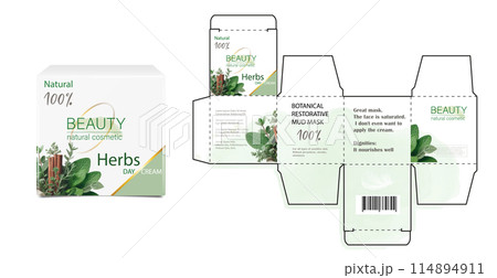 Design of the cosmetic packaging template. Cut. Cosmetic cream mask with Herbs in a closed box. Realistic 3D model. Design of the cosmetic packaging template. Cut. Cosmetic cream mask with Herbs in a closed box. Realistic 3D model. 114894911