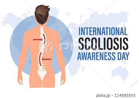 International Scoliosis Awareness Day. Banner with human scoliosis spine on a world map. Illustration, poster 114895055