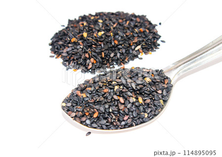 A picture of black Sesame Seeds isolated on white background A picture of black Sesame Seeds isolated on white background 114895095