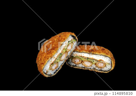 delicious fresh sushi burgers on a dark background for food delivery website delicious fresh sushi burgers on a dark background for food delivery website 114895810