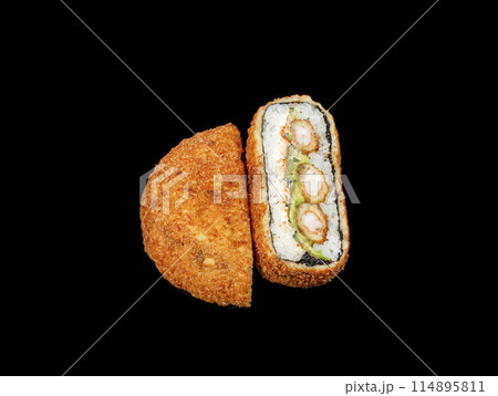 delicious fresh sushi burgers on a dark background for food delivery website delicious fresh sushi burgers on a dark background for food delivery website 114895811