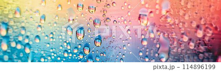 Water droplets on glass, macro photo, pastel rainbow colors, gradient background 114896199