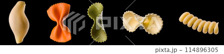 Set of different type of pasta isolated on black background Set of different type of pasta isolated on black background 114896305
