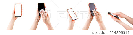 Woman hand clean mobile phone by wet wipe isolated on white background Woman hand clean mobile phone by wet wipe isolated on white background 114896311