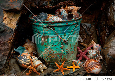 A blue beach bucket surrounded by seashells and starfish on a textured blue background 114896368