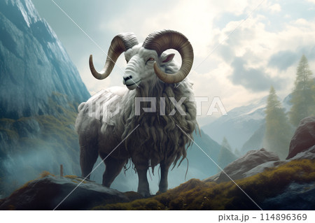 Close-up shot of sheep with impressive curved horns standing against a serene mountain backdrop. 114896369