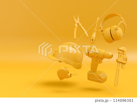 Flying view of monochrome construction tools for repair on multicolor background 114896381