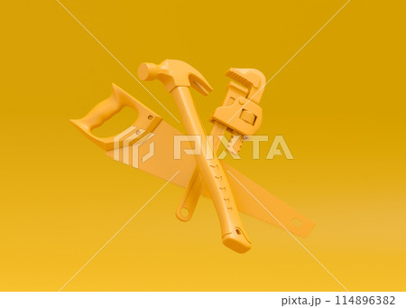 Flying view of monochrome construction tools for repair on multicolor background 114896382