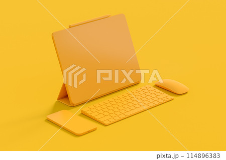 Aluminum laptop with graphic tablet, mouse, headphones and phone on monochrome 114896383