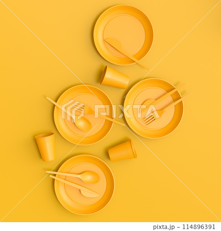 Set of disposable utensils like plate, folk, spoon,knife, cup and pepper mill 114896391