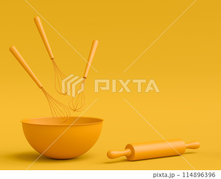 Wooden kitchen utensils, tools and equipment on yellow monochrome background. Wooden kitchen utensils, tools and equipment on yellow monochrome background. 114896396