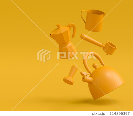 Espresso coffee machine with horn, kettle and geyser coffee maker on monochrome Espresso coffee machine with horn, kettle and geyser coffee maker on monochrome 114896397