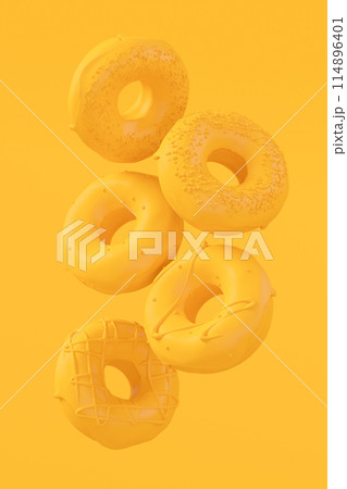 Chocolate glazed donut with sprinkles on plain monochrome yellow color Chocolate glazed donut with sprinkles on plain monochrome yellow color 114896401