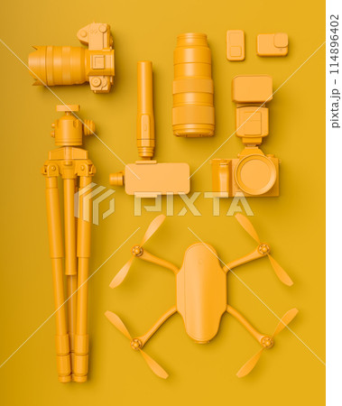 Top view of designer workspace and photography gear on monochrome table Top view of designer workspace and photography gear on monochrome table 114896402