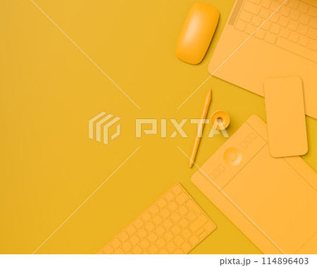 Top view of designer workspace and photography gear on monochrome table 114896403